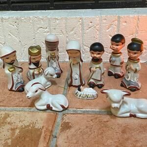Vtg Mexican‎ Tonala Pottery Folk Art 11 Piece Nativity Set Christmas 6” Crèche